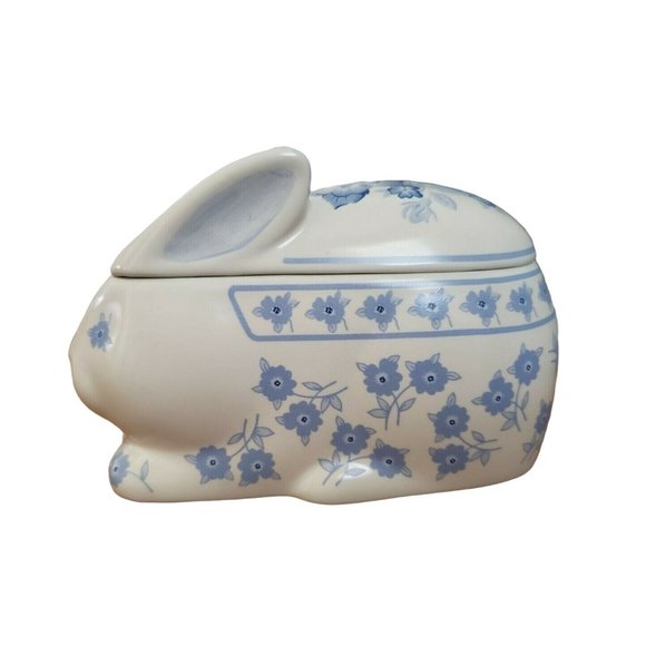 Crowning Touch Other - Crowning Touch Blue & White Floral Roses Bunny Trinket Box, Japan, Cottagecore